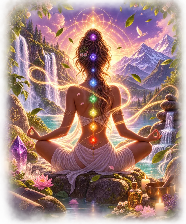 A woman meditating in a luminous landscape