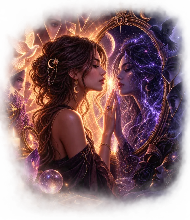 A woman meeting her reflection